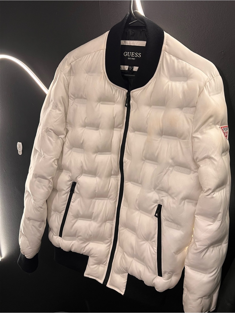 GUESS White Quilted Bomber Jacket with Black Trim